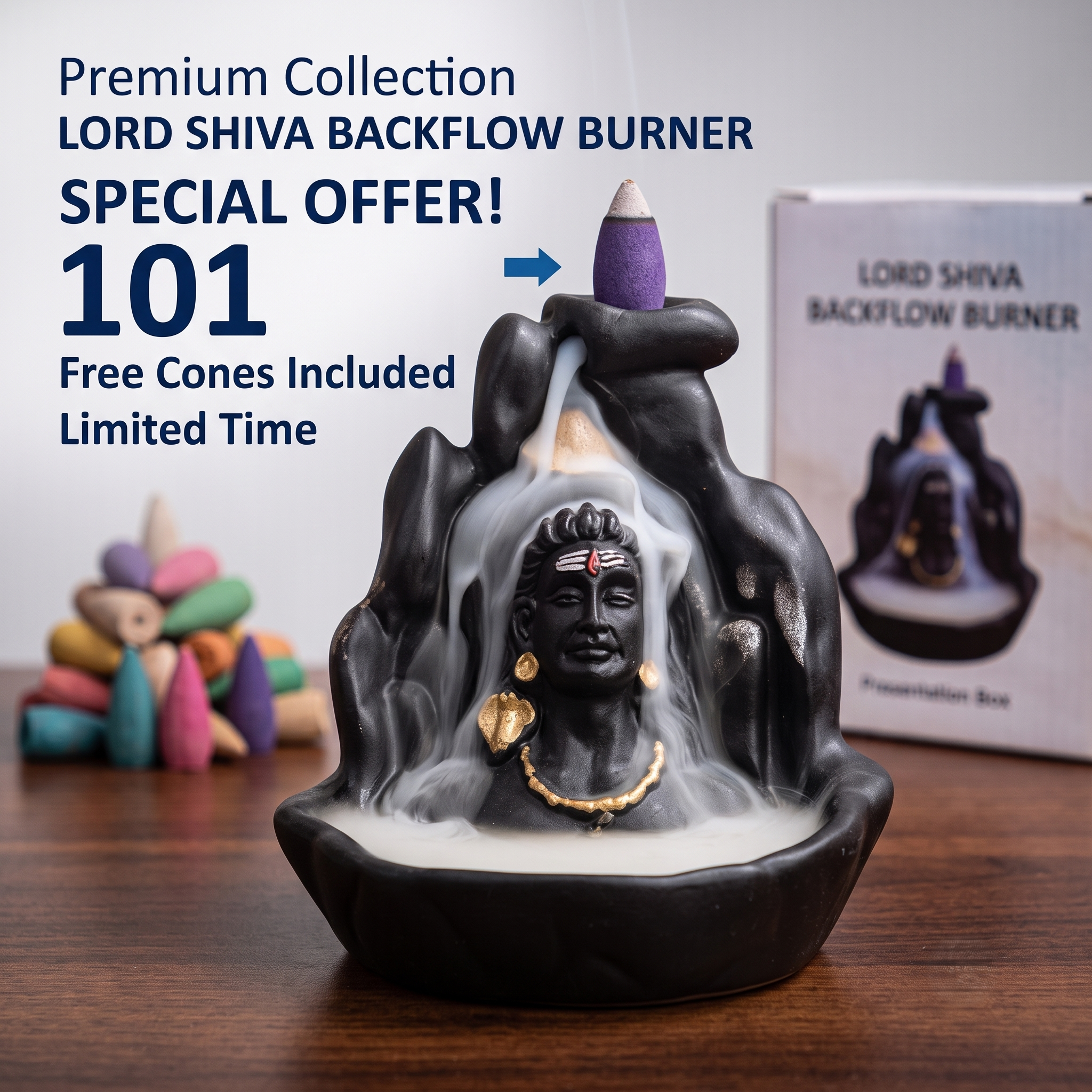 Handcrafted Lord Adiyogi, Mahadev, Shiv Adi Shankara | Backflow Cone Incense Holder | Shiv Decorative Showpiece with 101 Smoke Backflow Incense Cone Free